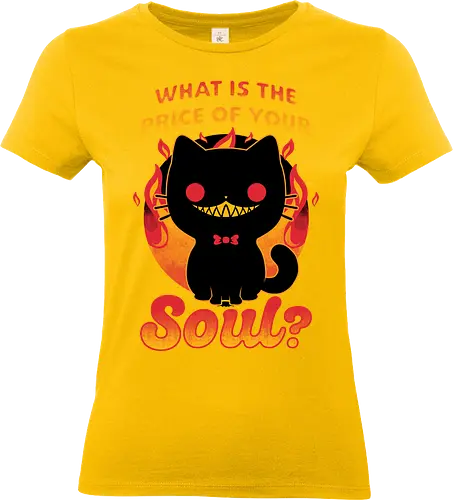 Cat Buys Souls - Cat, Black, Black Cat, Demon, Devil, Creepy, Fluffy, Pet, Sarcasm, Joke, Evil, Fire, Sinister, Soul - Standard T-Shirt (Frauen)