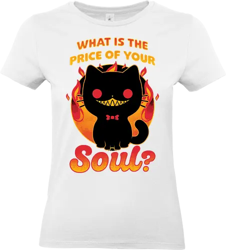 Cat Buys Souls - Cat, Black, Black Cat, Demon, Devil, Creepy, Fluffy, Pet, Sarcasm, Joke, Evil, Fire, Sinister, Soul - Standard T-Shirt (Frauen)