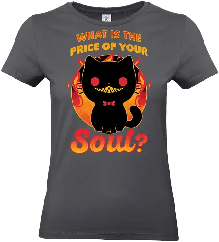 Cat Buys Souls - Cat, Black, Black Cat, Demon, Devil, Creepy, Fluffy, Pet, Sarcasm, Joke, Evil, Fire, Sinister, Soul - Standard T-Shirt (Frauen)