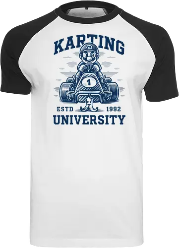 Karting University - mario kart, kart, karting, video games, video game, game, gaming, university, college, academy, drive, driving, fun, funny, banana peel, retro, retrogaming, retro gaming, vintage, vintage look, blue shell, go kart, race, racing, speed - Raglan T-Shirt