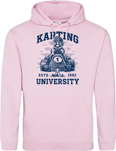 Karting University - mario kart, kart, karting, video games, video game, game, gaming, university, college, academy, drive, driving, fun, funny, banana peel, retro, retrogaming, retro gaming, vintage, vintage look, blue shell, go kart, race, racing, speed - Standard Hoodie