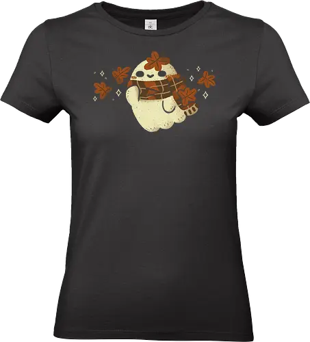 Autumn Ghost with Scarf and Leaves - cute ghost, kawaii ghost, autumn, autumn vibes, fall, leaves, scarf, warm, love, creepy cute, spooky, spirit, cozy, season, leaf, xmorfina - Standard T-Shirt (Frauen)