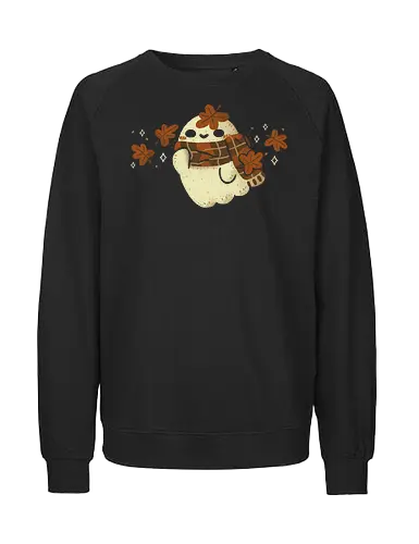 Autumn Ghost with Scarf and Leaves - cute ghost, kawaii ghost, autumn, autumn vibes, fall, leaves, scarf, warm, love, creepy cute, spooky, spirit, cozy, season, leaf, xmorfina - Fairtrade Sweatshirt