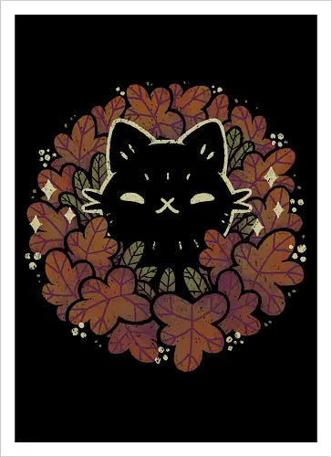 Cute Black Cat in Autumn Leaves Wreath