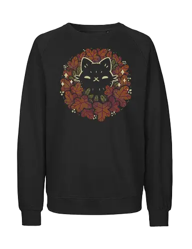 Cute Black Cat in Autumn Leaves Wreath - leaves, cute cat, autumn vibes, autumn, black cat, fall, wreath, season, leaf, warm, love, nature, orange, kawaii, xmorfina - Fairtrade Sweatshirt