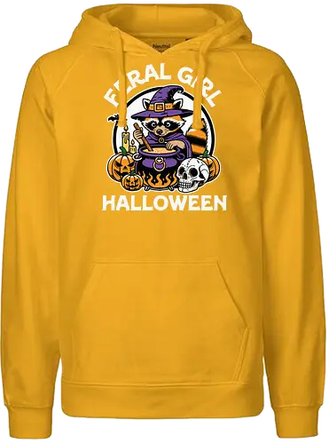 Feral Girl Halloween - raccoon, cauldron, witch, halloween, pumpkins, skull, spooky, costume, magic, potion - Fairtrade Hoodie