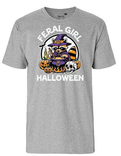 Feral Girl Halloween - raccoon, cauldron, witch, halloween, pumpkins, skull, spooky, costume, magic, potion - Fairtrade T-Shirt
