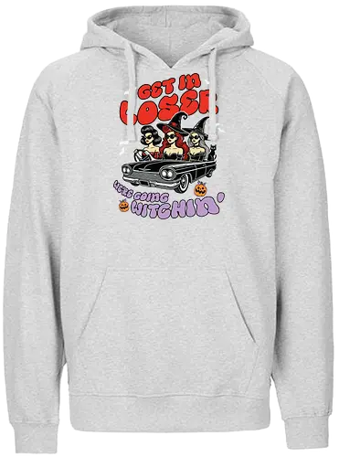 Get in loser, we're going witchin - witches, convertible, bats, halloween, sunglasses, hats, pumpkins, text, vintage car - Fairtrade Hoodie