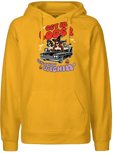 Get in loser, we're going witchin - witches, convertible, bats, halloween, sunglasses, hats, pumpkins, text, vintage car - Fairtrade Hoodie