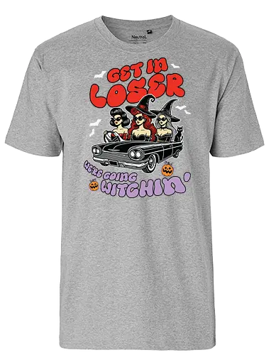 Get in loser, we're going witchin - witches, convertible, bats, halloween, sunglasses, hats, pumpkins, text, vintage car - Fairtrade T-Shirt