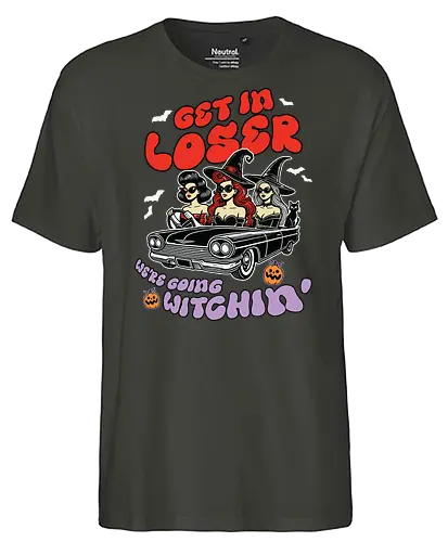 Get in loser, we're going witchin - witches, convertible, bats, halloween, sunglasses, hats, pumpkins, text, vintage car - Fairtrade T-Shirt