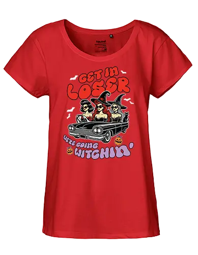 Get in loser, we're going witchin - witches, convertible, bats, halloween, sunglasses, hats, pumpkins, text, vintage car - Fairtrade Girl Shirt