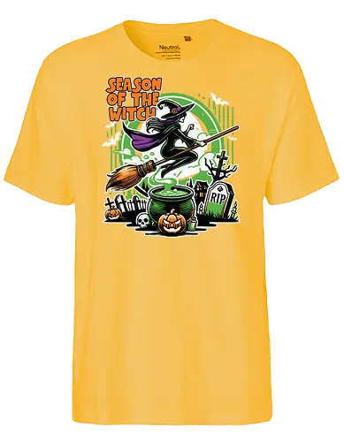 Season of the witch - witch, halloween, broomstick, cauldron, graveyard, pumpkin, skull, tombstone, spooky, moon - Fairtrade T-Shirt