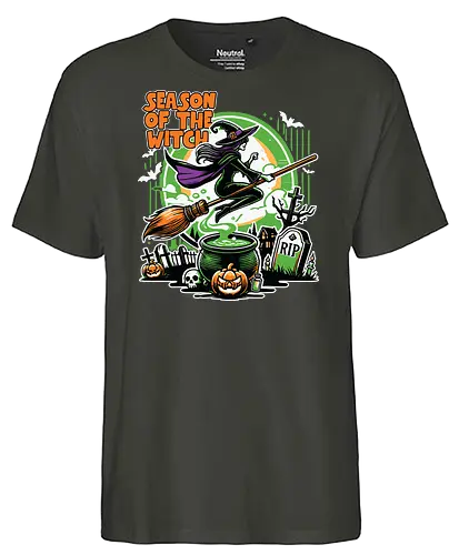 Season of the witch - witch, halloween, broomstick, cauldron, graveyard, pumpkin, skull, tombstone, spooky, moon - Fairtrade T-Shirt