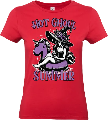 Hot Ghoul Summer - witch, unicorn float, summer, drink, whimsical, flowers, hat, black and white, purple, playful - Standard T-Shirt (Frauen)