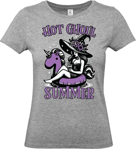 Hot Ghoul Summer - witch, unicorn float, summer, drink, whimsical, flowers, hat, black and white, purple, playful - Standard T-Shirt (Frauen)