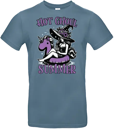 Hot Ghoul Summer - witch, unicorn float, summer, drink, whimsical, flowers, hat, black and white, purple, playful - Standard T-Shirt