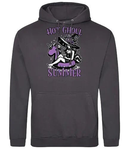 Hot Ghoul Summer - witch, unicorn float, summer, drink, whimsical, flowers, hat, black and white, purple, playful - Standard Hoodie