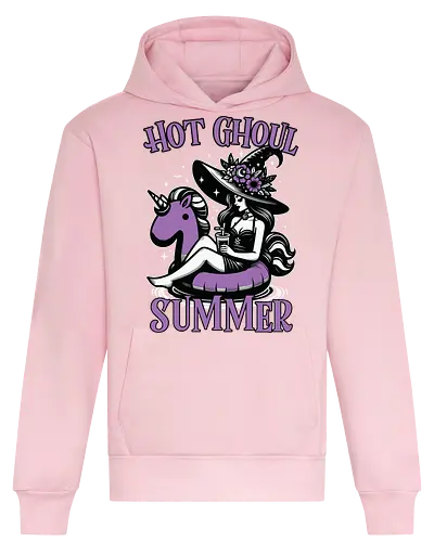 Hot Ghoul Summer - witch, unicorn float, summer, drink, whimsical, flowers, hat, black and white, purple, playful - Heavyweight Hoodie