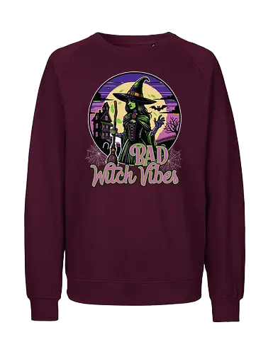 Bad Witch Vibes - witch, halloween, moon, hat, spooky, haunted house, broom, spider webs, gothic, night - Fairtrade Sweatshirt