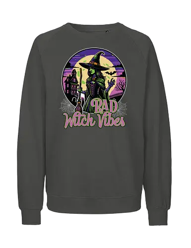 Bad Witch Vibes - witch, halloween, moon, hat, spooky, haunted house, broom, spider webs, gothic, night - Fairtrade Sweatshirt