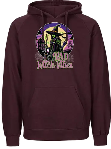 Bad Witch Vibes - witch, halloween, moon, hat, spooky, haunted house, broom, spider webs, gothic, night - Fairtrade Hoodie