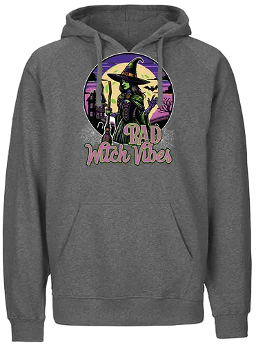 Bad Witch Vibes - witch, halloween, moon, hat, spooky, haunted house, broom, spider webs, gothic, night - Fairtrade Hoodie