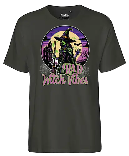 Bad Witch Vibes - witch, halloween, moon, hat, spooky, haunted house, broom, spider webs, gothic, night - Fairtrade T-Shirt