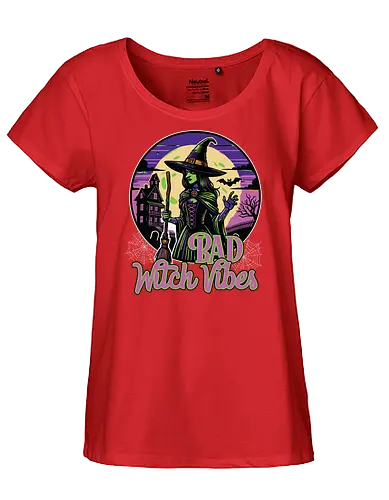 Bad Witch Vibes - witch, halloween, moon, hat, spooky, haunted house, broom, spider webs, gothic, night - Fairtrade Girl Shirt