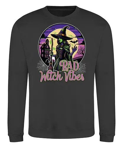 Bad Witch Vibes - witch, halloween, moon, hat, spooky, haunted house, broom, spider webs, gothic, night - Sweatshirt