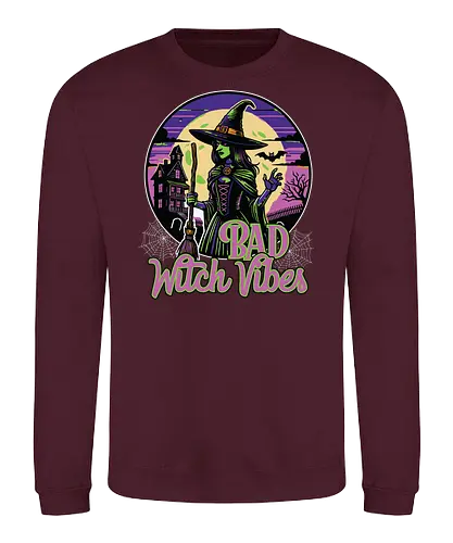 Bad Witch Vibes - witch, halloween, moon, hat, spooky, haunted house, broom, spider webs, gothic, night - Sweatshirt