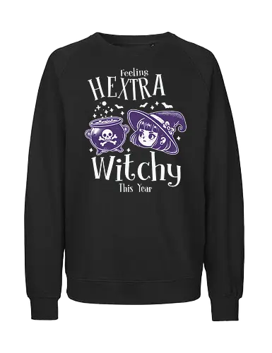 Feeling Hextra Witchy This Year - halloween, cauldron, witch, hat, bats, magic, stars, purple, whimsical, text - Fairtrade Sweatshirt