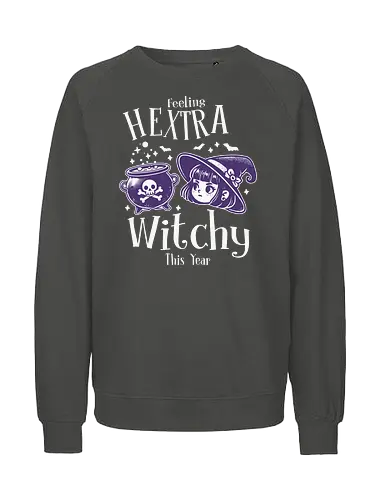 Feeling Hextra Witchy This Year - halloween, cauldron, witch, hat, bats, magic, stars, purple, whimsical, text - Fairtrade Sweatshirt