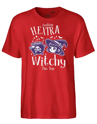 Feeling Hextra Witchy This Year - halloween, cauldron, witch, hat, bats, magic, stars, purple, whimsical, text - Fairtrade T-Shirt
