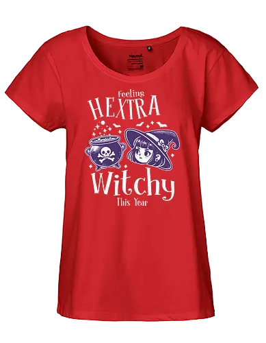 Feeling Hextra Witchy This Year - halloween, cauldron, witch, hat, bats, magic, stars, purple, whimsical, text - Fairtrade Girl Shirt