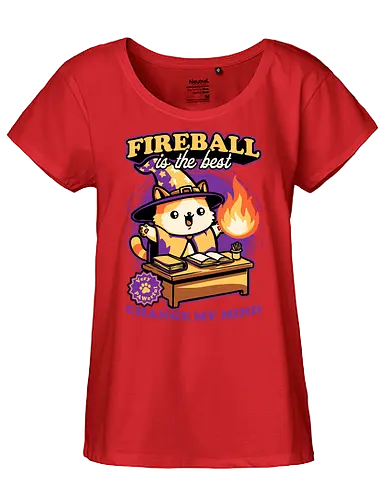 Wizard Cat Fireball - cat, magic, magical, fireball, ritual, mage, wizard, sorcerer, rpg, role-playing game, role-play, Role-playing, pet, Pen and Paper, d20, fun, funny, cute - Fairtrade Girl Shirt