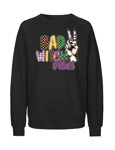 BAD WITCH VIBES - halloween, typography, graphic design, peace sign, colorful, playful, hand gesture, vibrant, spooky, lettering - Fairtrade Sweatshirt
