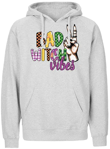 BAD WITCH VIBES - halloween, typography, graphic design, peace sign, colorful, playful, hand gesture, vibrant, spooky, lettering - Fairtrade Hoodie