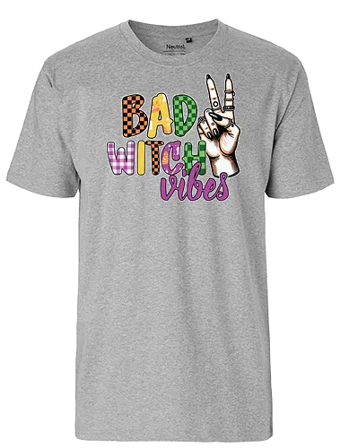 BAD WITCH VIBES - halloween, typography, graphic design, peace sign, colorful, playful, hand gesture, vibrant, spooky, lettering - Fairtrade T-Shirt