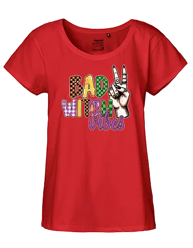 BAD WITCH VIBES - halloween, typography, graphic design, peace sign, colorful, playful, hand gesture, vibrant, spooky, lettering - Fairtrade Girl Shirt