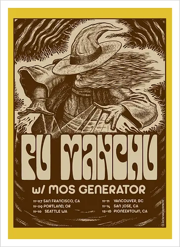 Fu Manchu – Psychedelische Stoner-Rock-Kunst mit Zauberer und Retro-Typografie der 70er