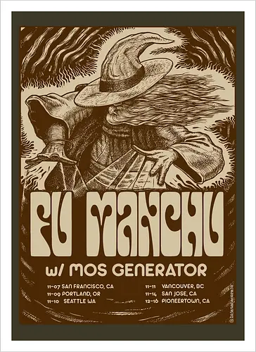 Fu Manchu – Psychedelische Stoner-Rock-Kunst mit Zauberer und Retro-Typografie der 70er