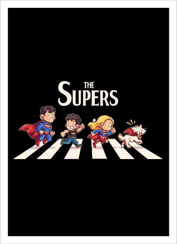 The Supers - super, superheroes, superman, comics, abbey road, parody, krypto, supergirl, superboy, clark kent - Kunstdruck