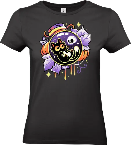 Halloween Bottled Kitten - black cat, autumn, creepy cute, skull, pumpkin season, halloween, gothic, potion bottle, pastel goth, spooky cute, witchy vibes, fall, magic, kawaii - Standard T-Shirt (Frauen)