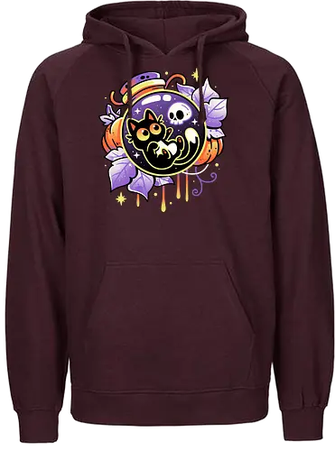 Halloween Bottled Kitten - black cat, autumn, creepy cute, skull, pumpkin season, halloween, gothic, potion bottle, pastel goth, spooky cute, witchy vibes, fall, magic, kawaii - Fairtrade Hoodie