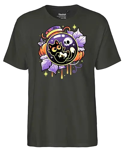 Halloween Bottled Kitten - black cat, autumn, creepy cute, skull, pumpkin season, halloween, gothic, potion bottle, pastel goth, spooky cute, witchy vibes, fall, magic, kawaii - Fairtrade T-Shirt