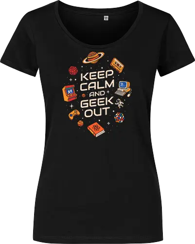 Keep Calm And Geek Out - geek, astronaut, book, casette, computer, developer, gamer, humor, music, nerd, programmer, retro, scifi, video game, vintage - Damen T-Shirt