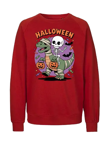 Halloween Dinosaur and Skeleton  - Halloween, dinosaur, skeleton, trick-or-treating, mummy, T-Rex, spooky, cute Halloween, kids Halloween, Halloween art, festive, candy, jack-o'-lantern, bats, holiday, October, funny Halloween, dinosaur Halloween, skeleton riding dinosaur, whimsical Halloween - Fairtrade Sweatshirt