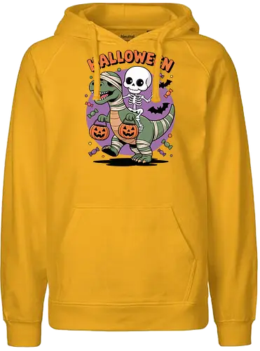 Halloween Dinosaur and Skeleton  - Halloween, dinosaur, skeleton, trick-or-treating, mummy, T-Rex, spooky, cute Halloween, kids Halloween, Halloween art, festive, candy, jack-o'-lantern, bats, holiday, October, funny Halloween, dinosaur Halloween, skeleton riding dinosaur, whimsical Halloween - Fairtrade Hoodie
