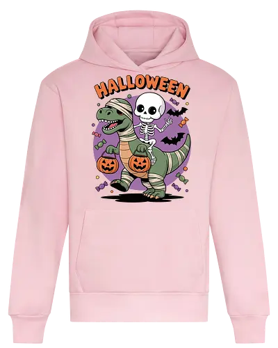 Halloween Dinosaur and Skeleton  - Halloween, dinosaur, skeleton, trick-or-treating, mummy, T-Rex, spooky, cute Halloween, kids Halloween, Halloween art, festive, candy, jack-o'-lantern, bats, holiday, October, funny Halloween, dinosaur Halloween, skeleton riding dinosaur, whimsical Halloween - Heavyweight Hoodie